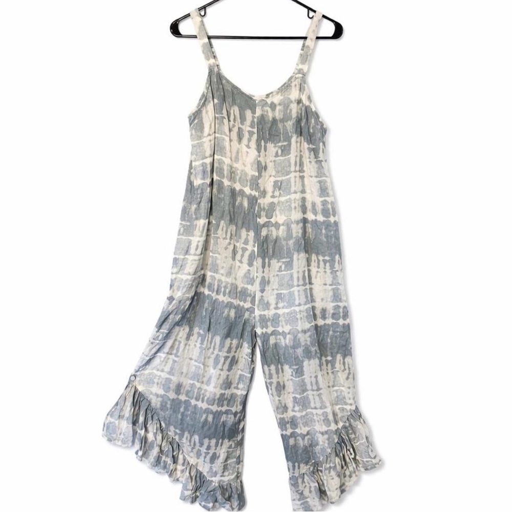 Japna Blue and Cream Tie-Dye Wide-Leg Jumpsuit with Ruffle Hem